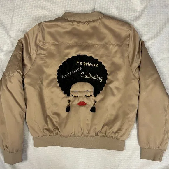 Upcycled Satin Puff Embroidered Bomber Jacket "Fearless Woman" M/L - Picture 4 of 8